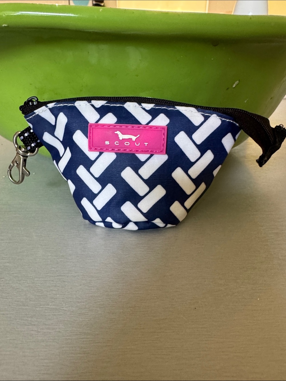 Scout Navy & White Geometric Cosmetic Pouch with Pink Logo Patch